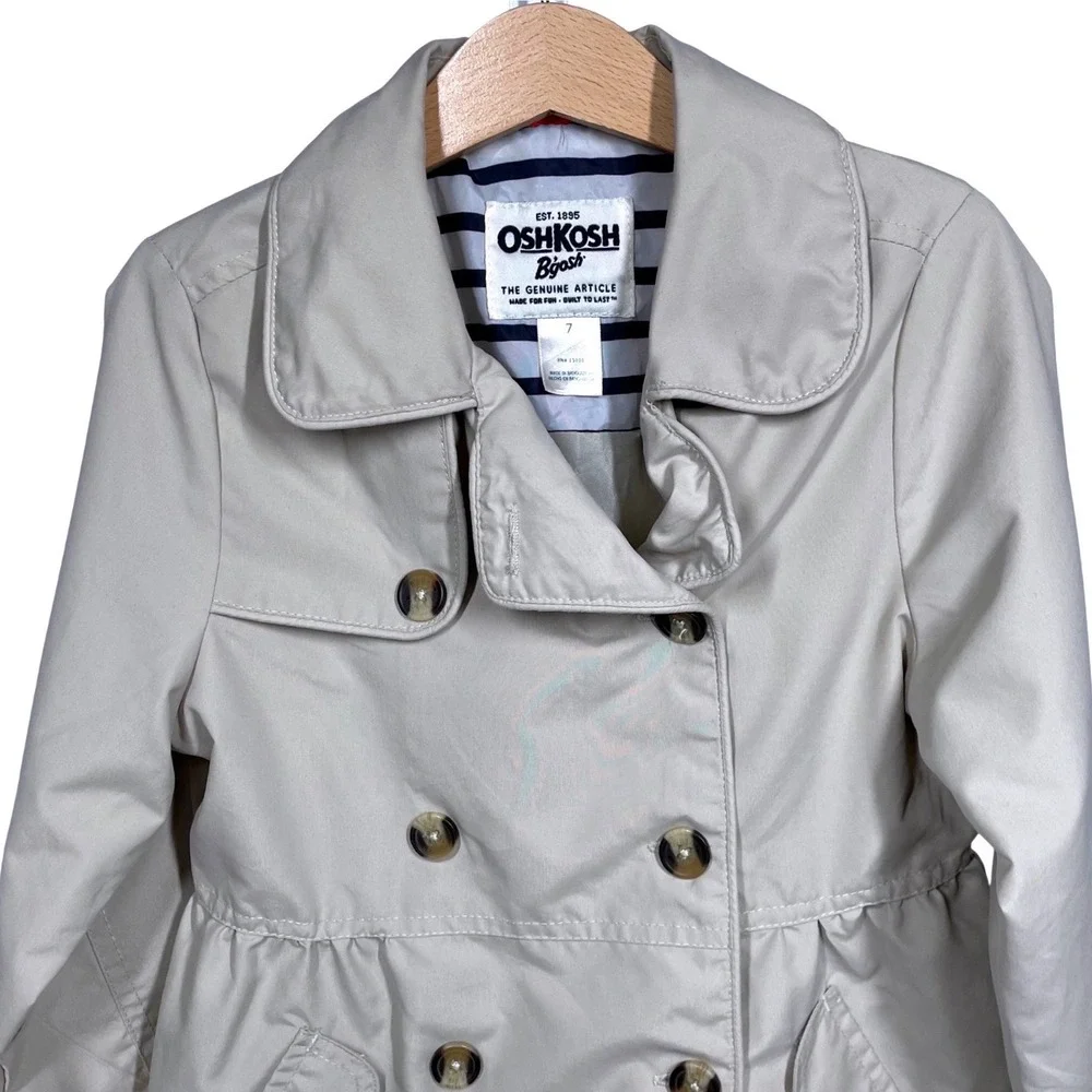 OshKosh Bgosh Girls Khaki Double Breasted Peplum Trench Coat Jacket Size 7